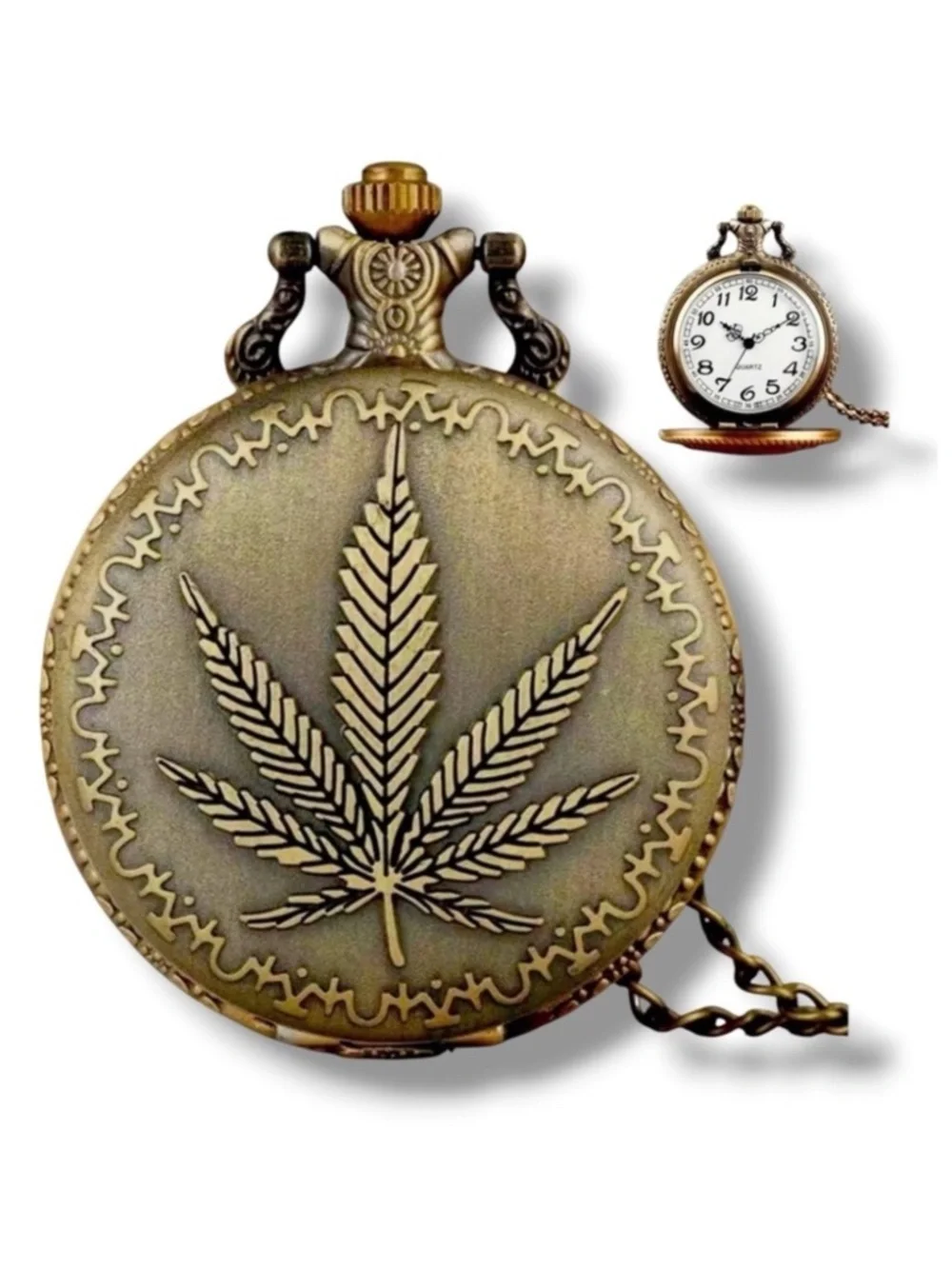 (5) Pocket Watch 420 Plant Leaf Antique Bronze Vintage Inspired